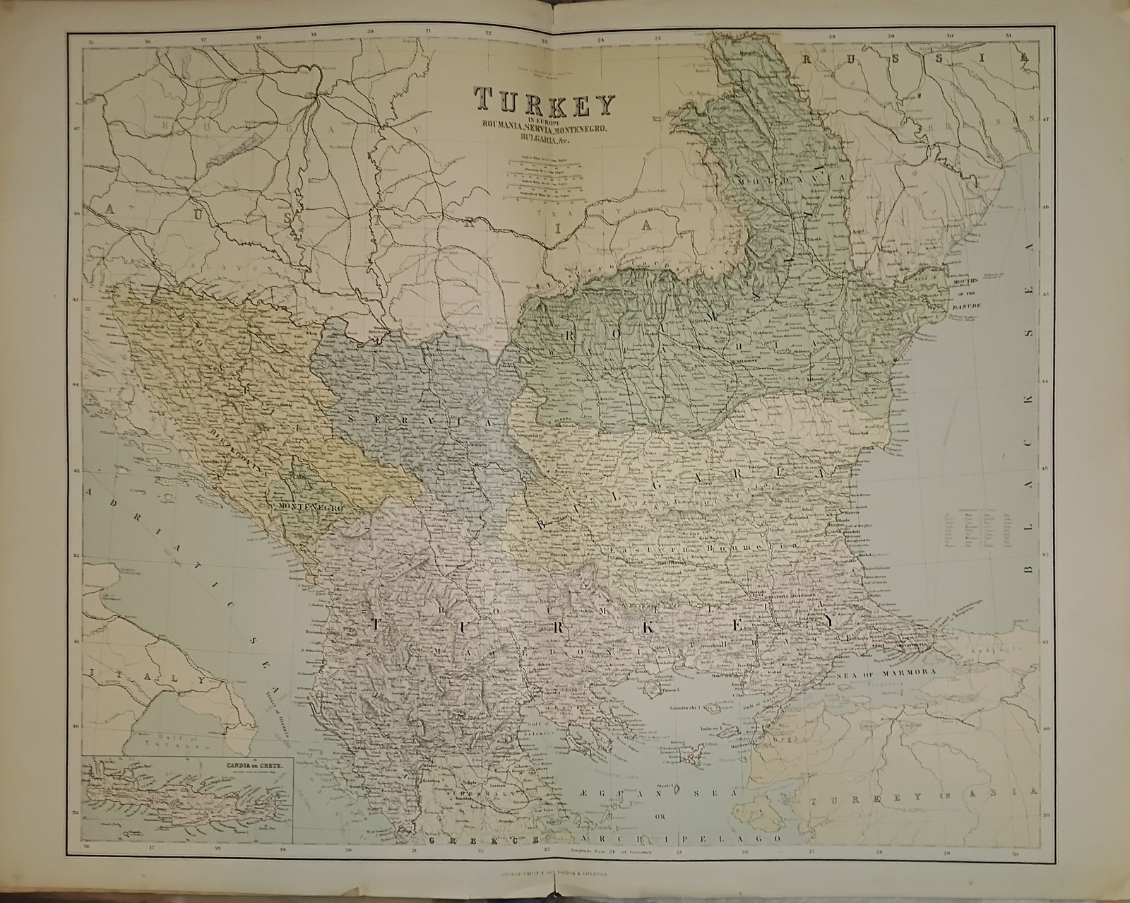 c1864 Antique Phillip Map Of Turkey In Europe. Romania, Serbia, Bosnia, Bulgaria