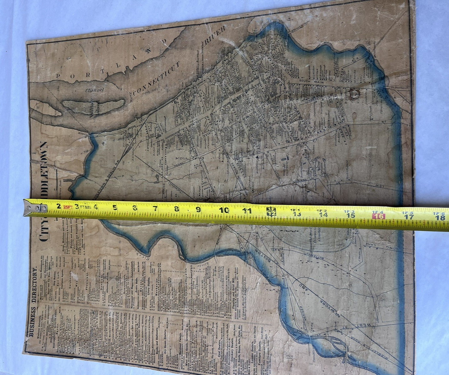 Antique City of Middletown Connecticut Wall Map Business Directory Cloth 17×15″