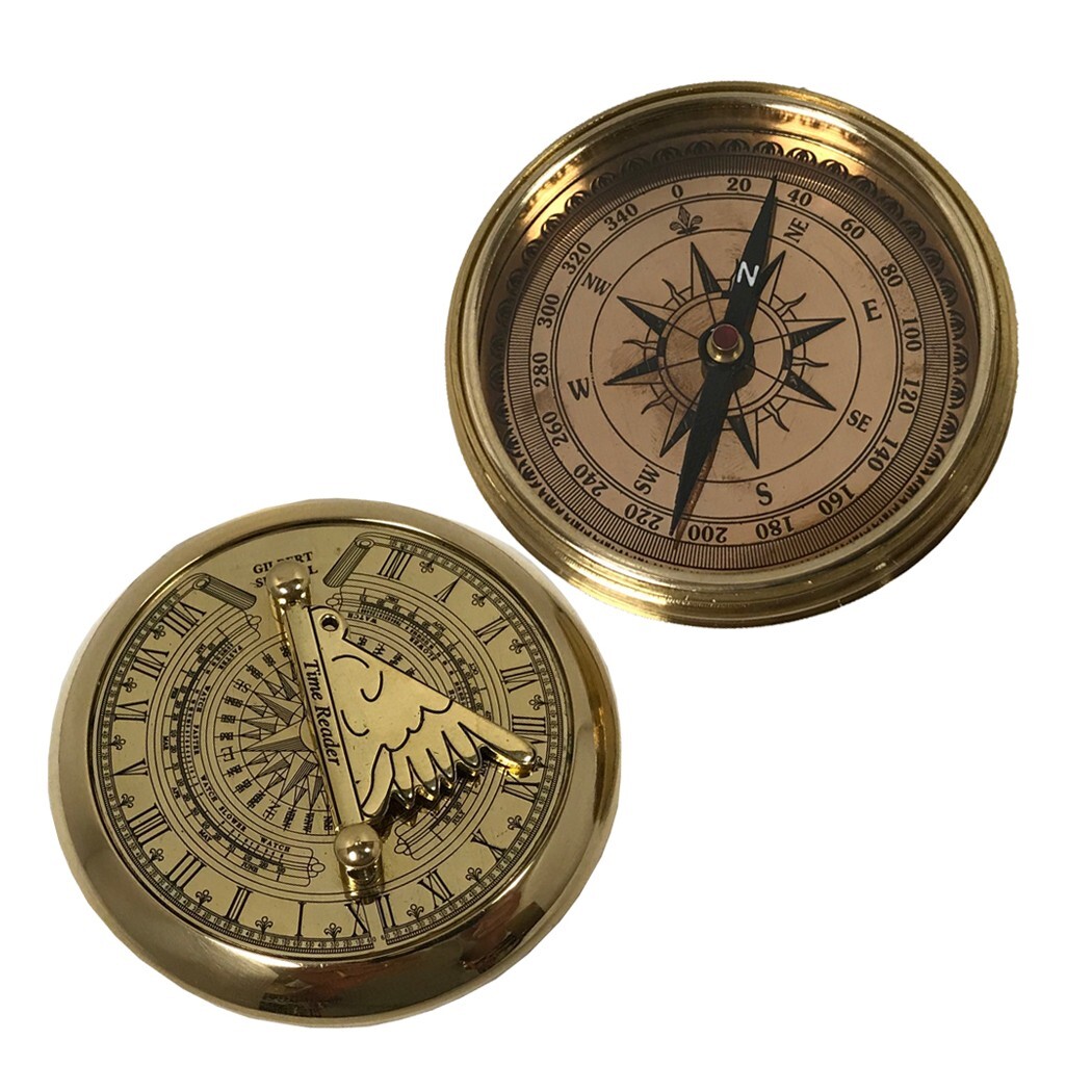 3″ Solid Polished Brass Pocket Sundial Compass Antique Reproduction with Lid