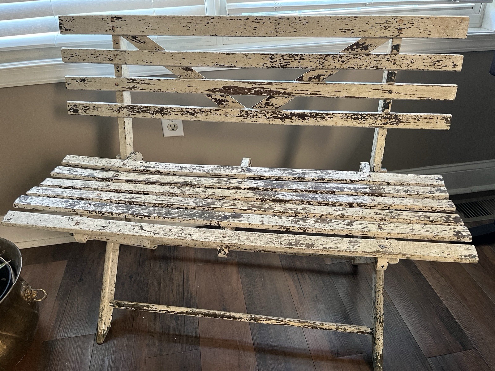 Antique Folding Wood Bench Rustic White Slatted Garden Patio Seat 42”