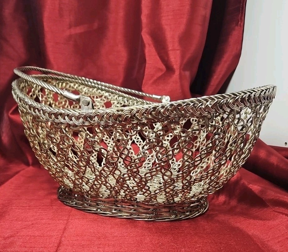 Vintage Hand-Woven Metal Wire Basket w Handle Mid Century Modern Boho Decor