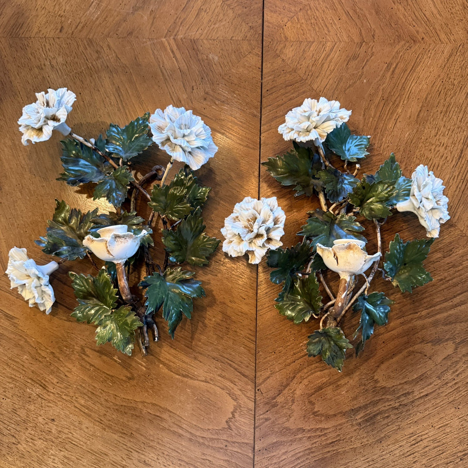 Vintage 12” Italian Candle Wall Sconces Metal Porcelain Floral Candelabras