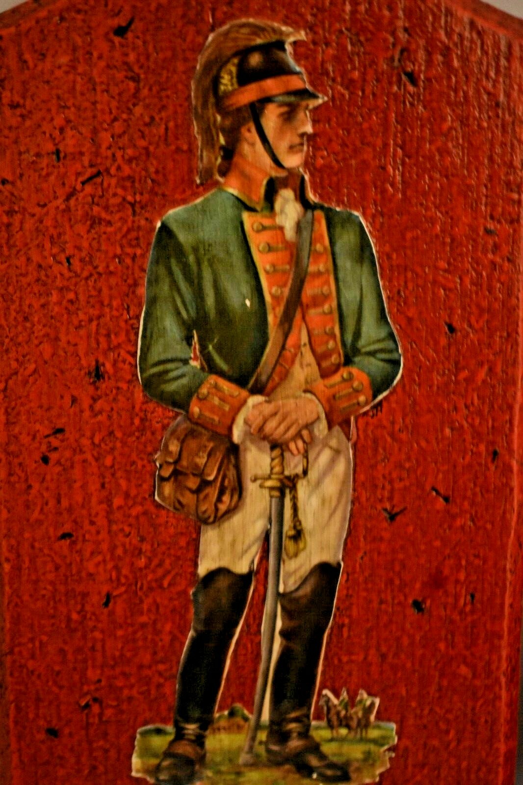Soldier Wooden Wall Hangings Set of 2 Decoupage 10 in. tall brick red background