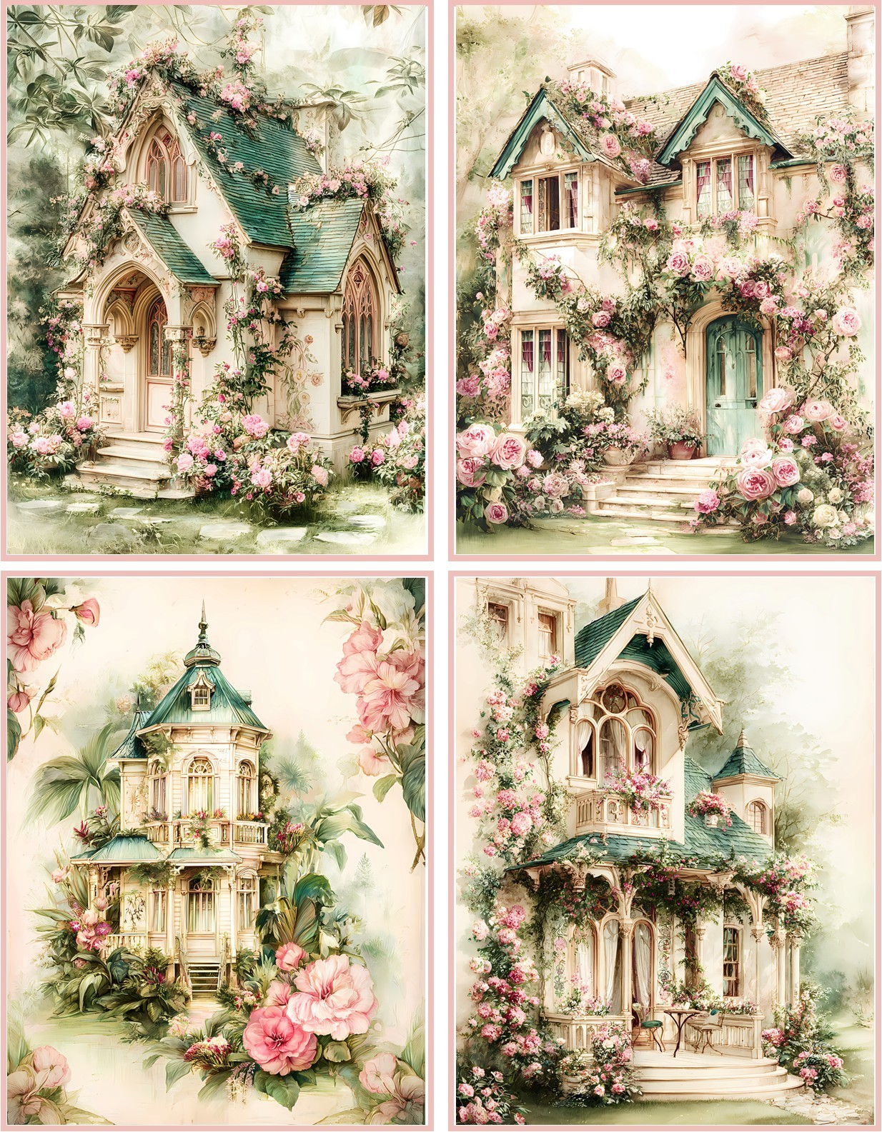 8 assorted shabby chic Victorian houses glossy blank folded card pink envelope
