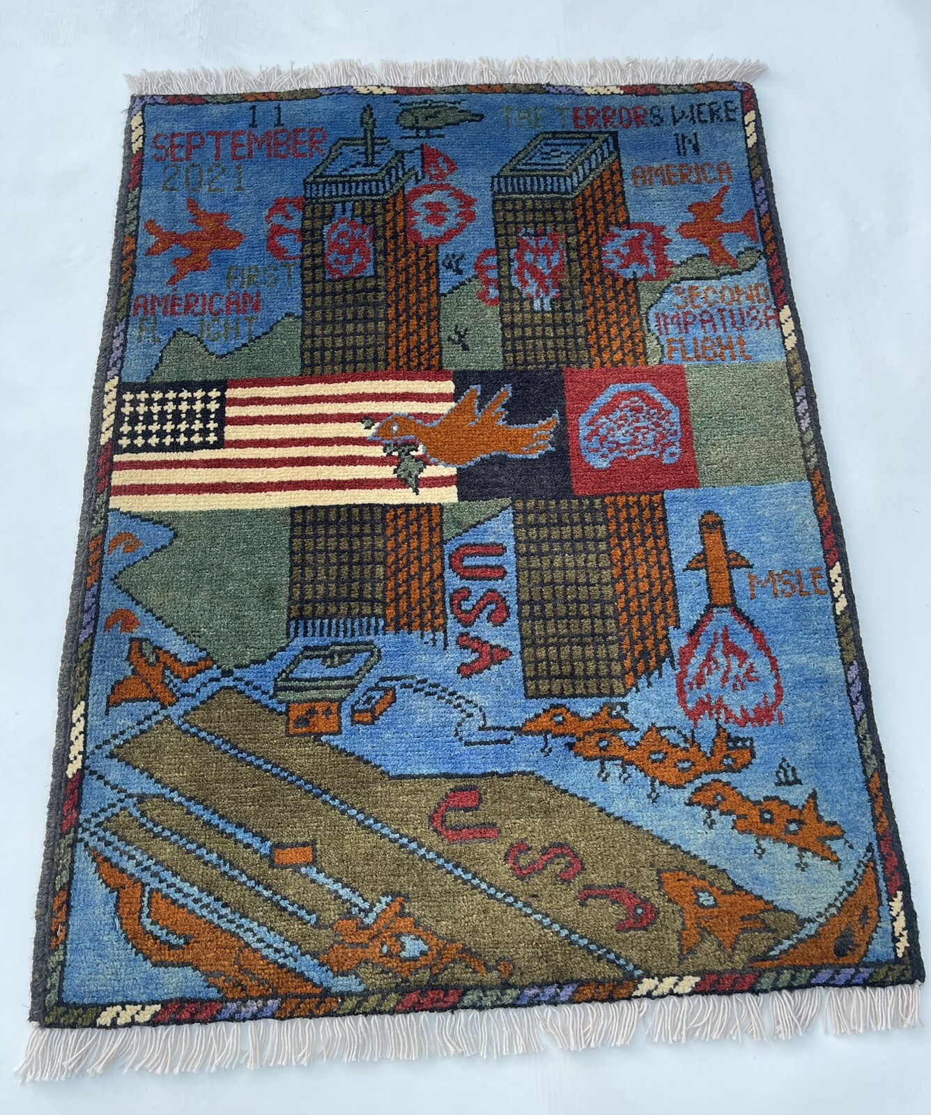79x60cm Handmade rug 9/11 twin towers War Rug Afghan War Rug Handicrafts #112