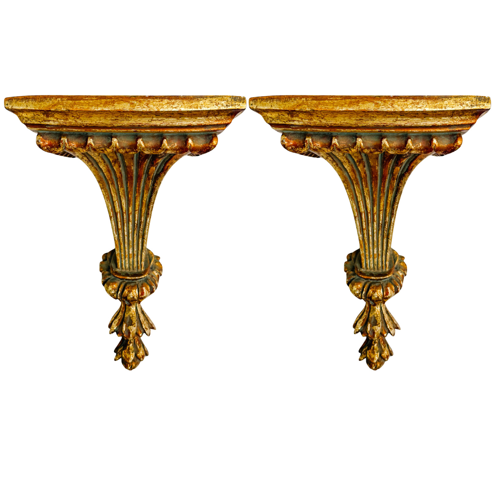 Pair of Vintage Italian Neoclassical Style Gilt Fluted Wall Brackets 11.25 x 7