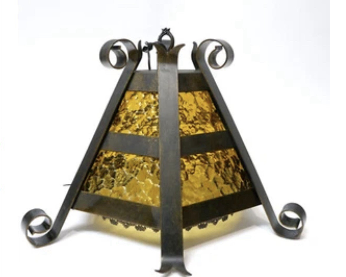Spanish Revival Heavy Wrought Iron Hexagonal Pyramid Chandelier w Amber Glass
