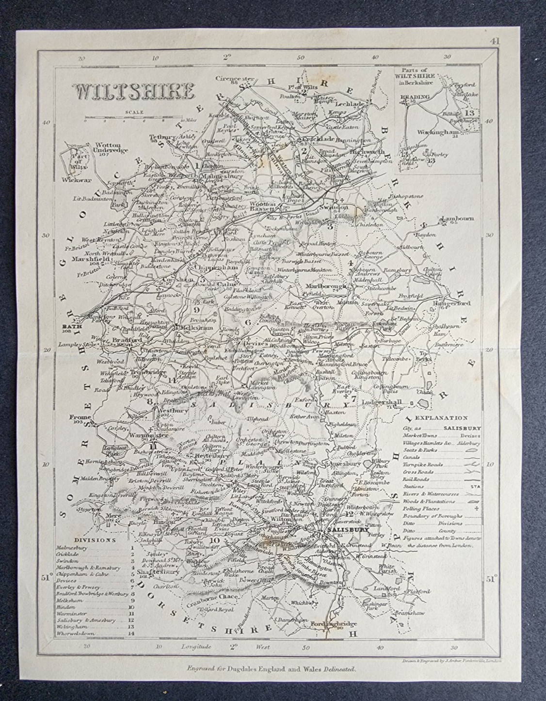 Antique c. 1850 county map – Wiltshire – Joshua Archer