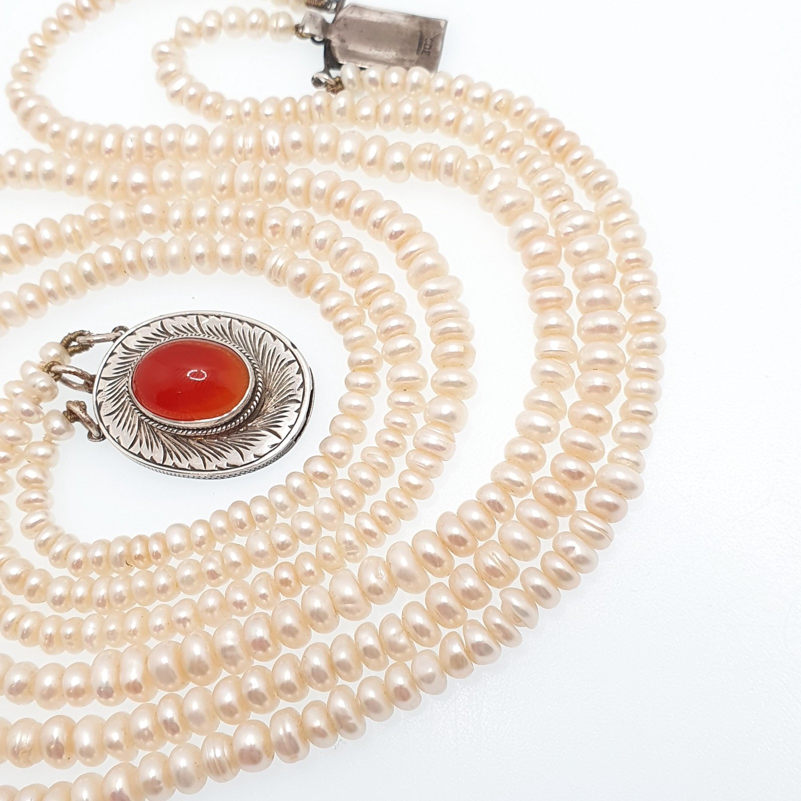Antique Solid Silver Freshwater Pearl Necklace Large Carnelian Clasp Triple