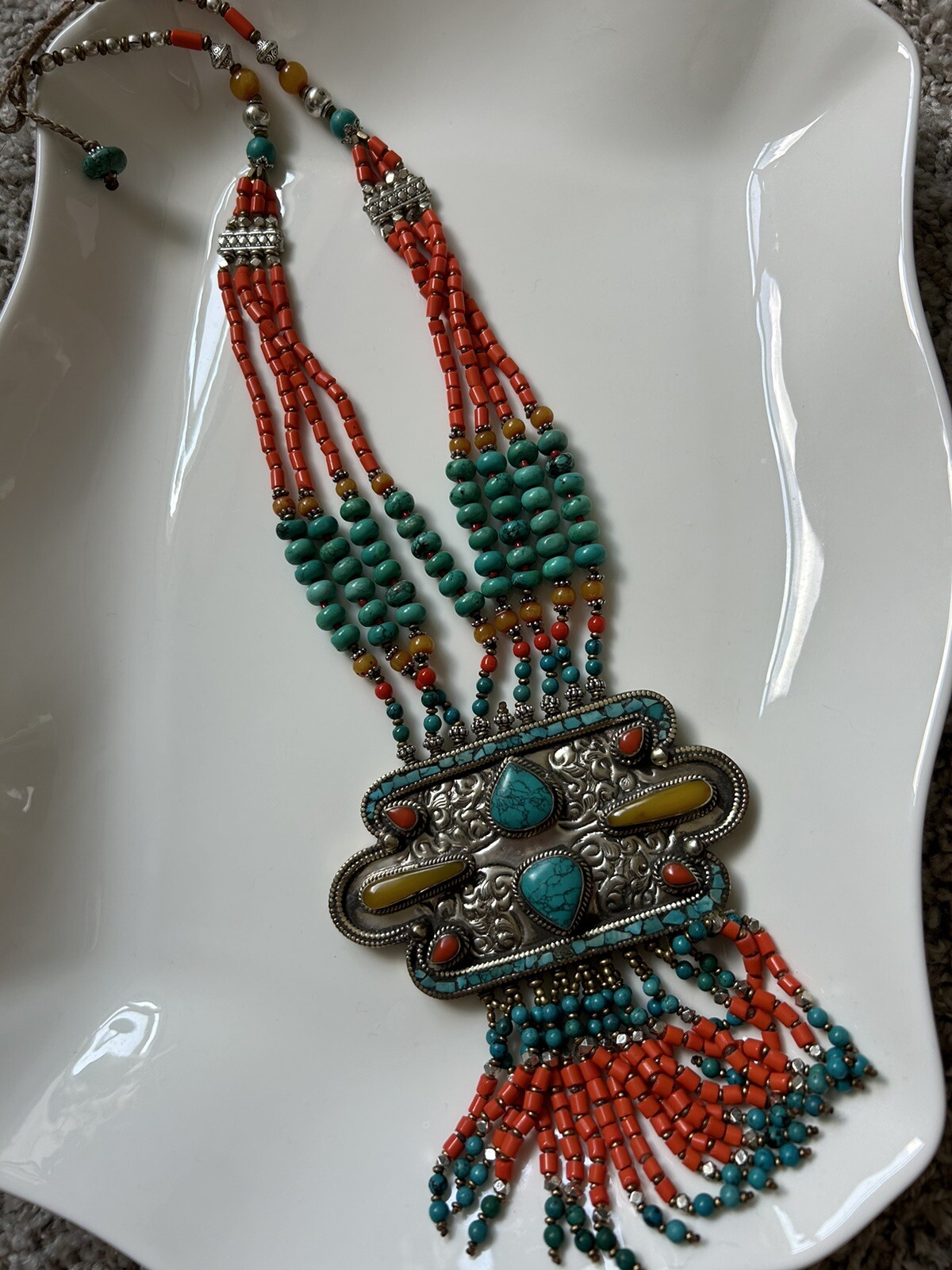 Antique wonderful Tibetan Old Silver coral lapis Turquoise Amber Stone necklace