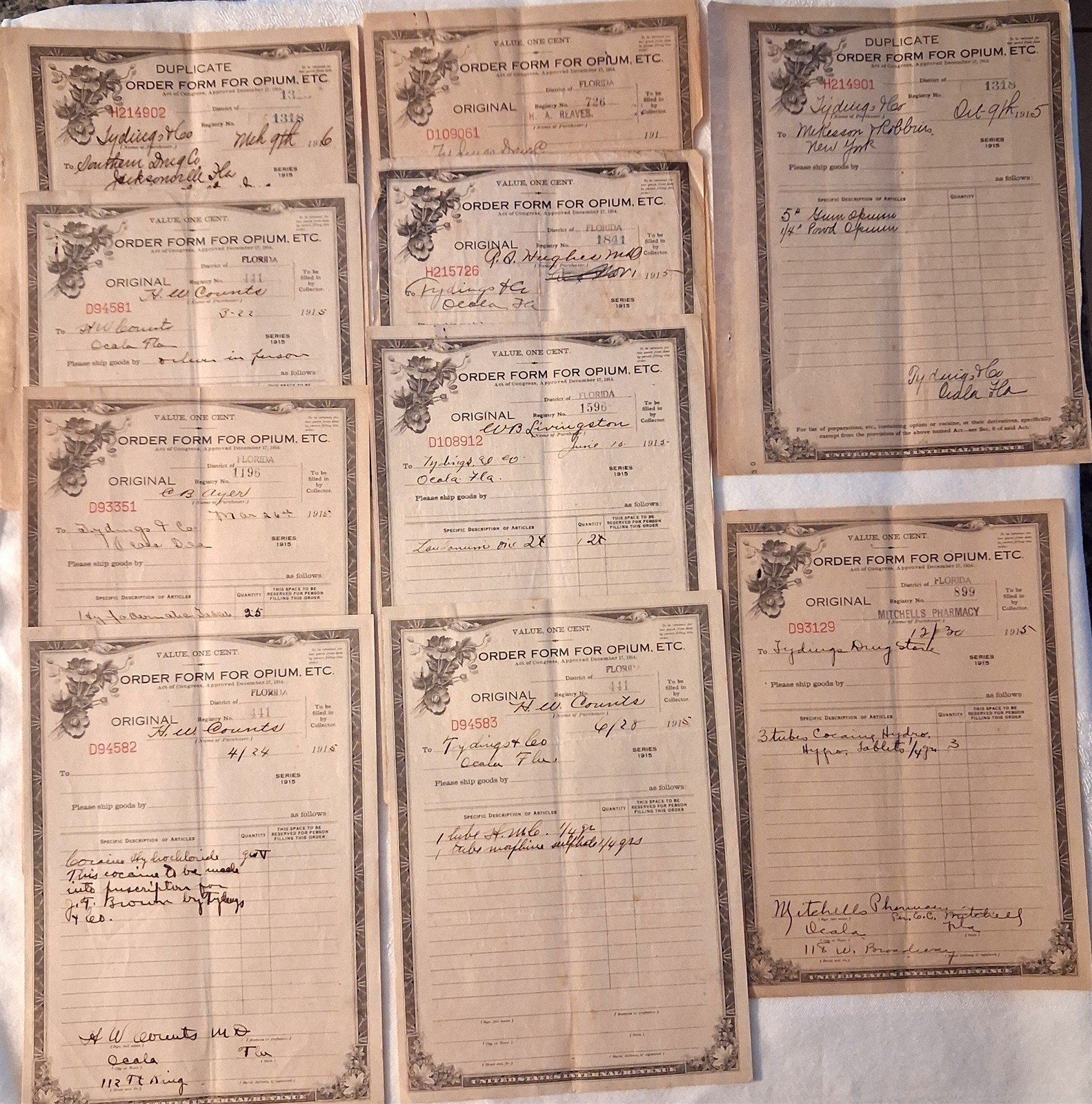 Antique Lot Of 10 Opium Cocaine Morphine Prescriptions District Of Florida