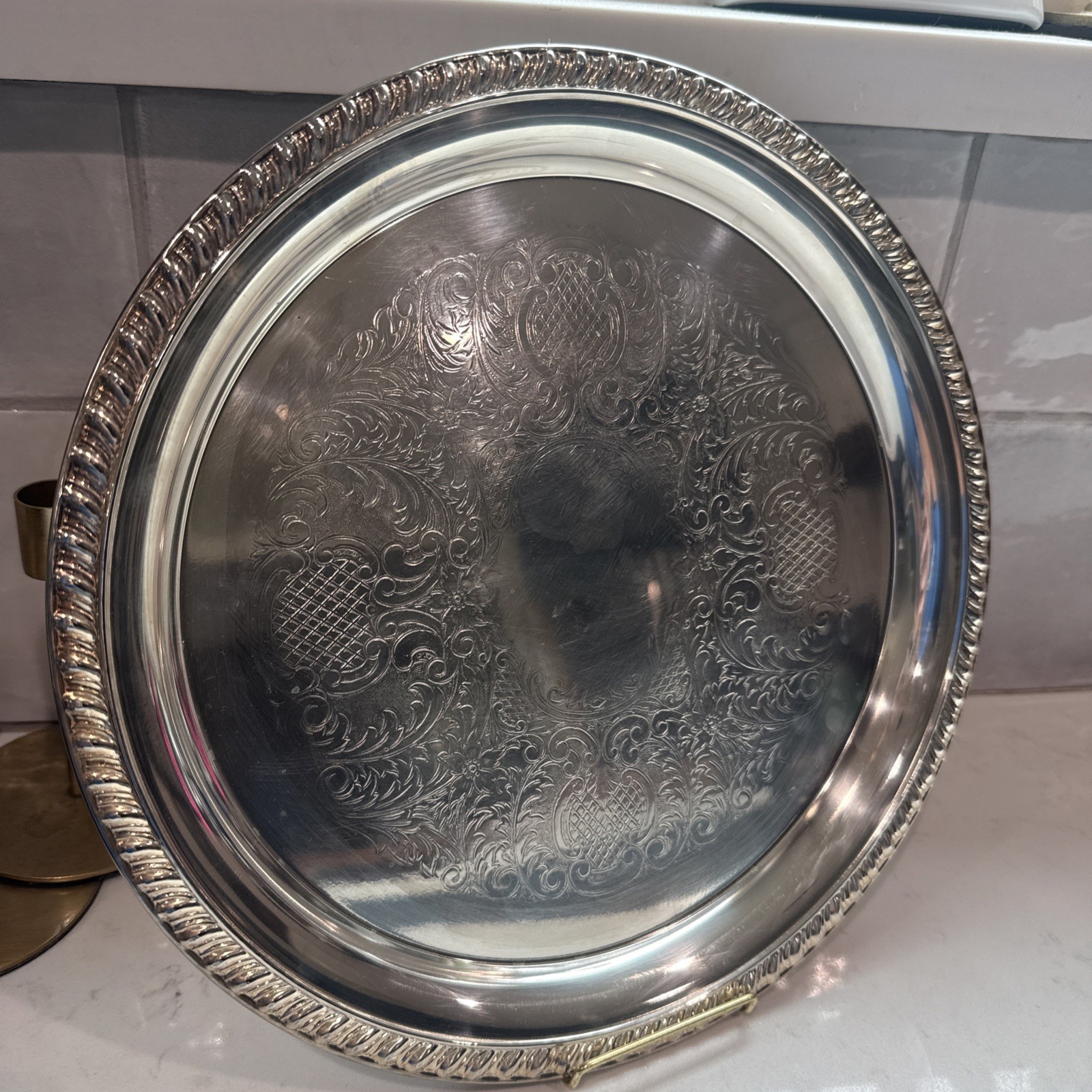 WM ROGERS 171 Silver Plated 12.25” Round Tray Etched Scroll Floral Pattern
