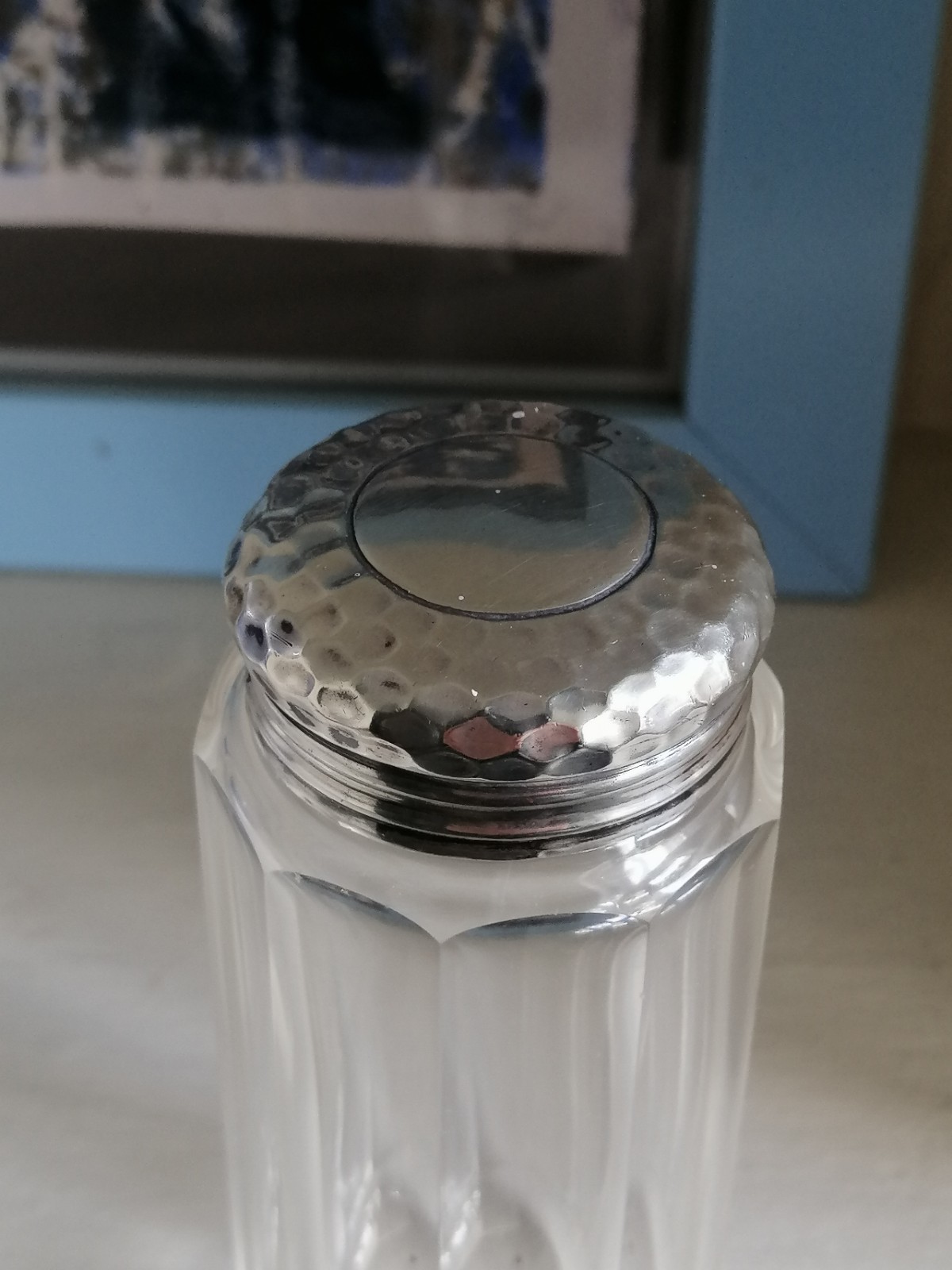 Silver and Glass Vanity Dressing Table Jar , London 1909 .