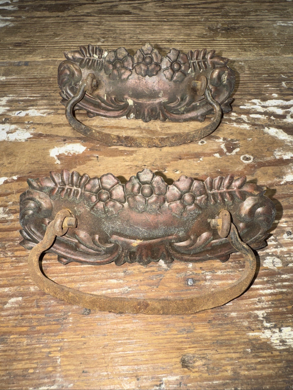 Pair Antique Floral Victorian Dresser Drawer Pull Handles 5” Furniture Hardware