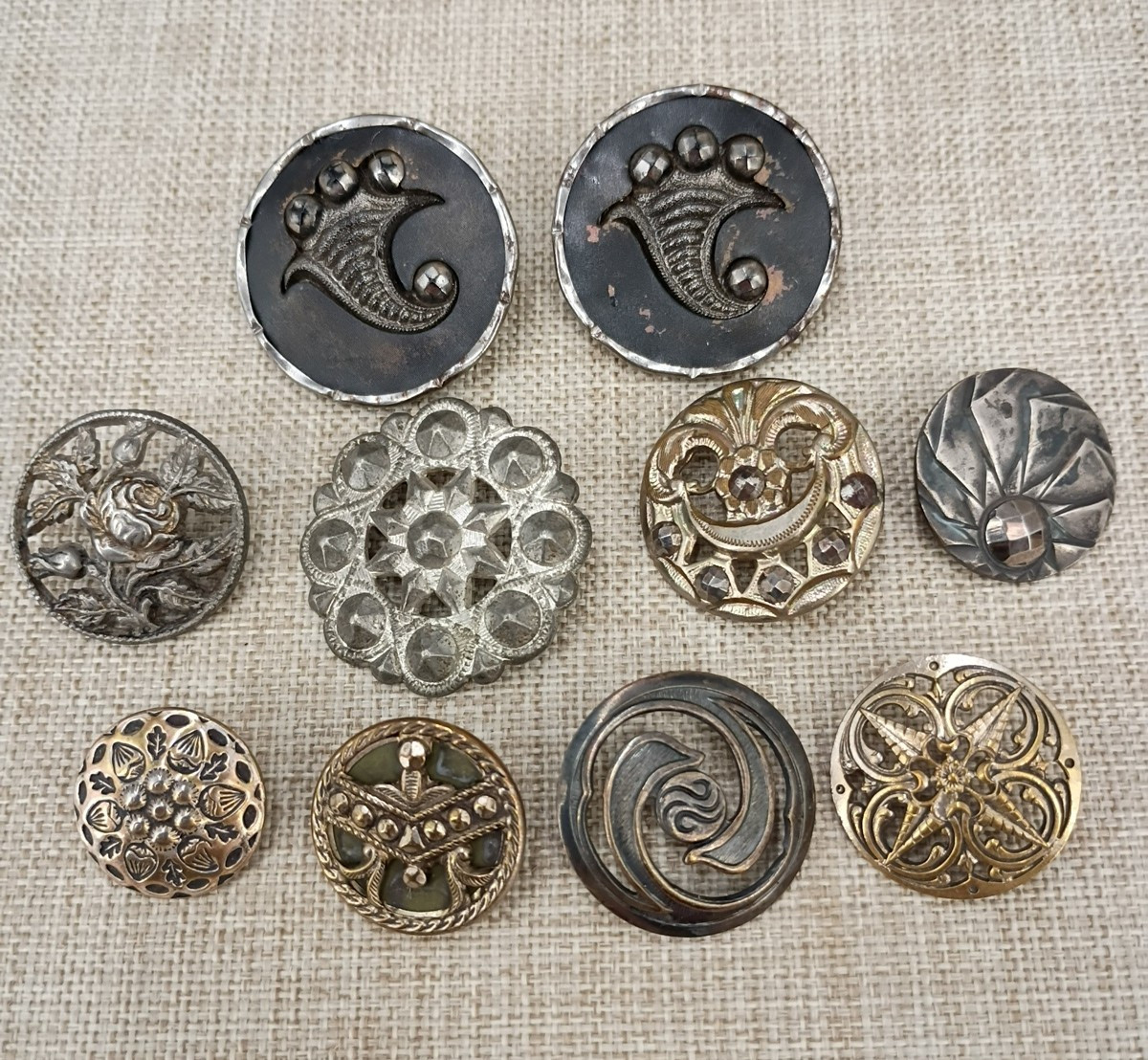 Antique Brass Steel Cut Button Lot Art Nouveau Pierced Floral Shank High Relief