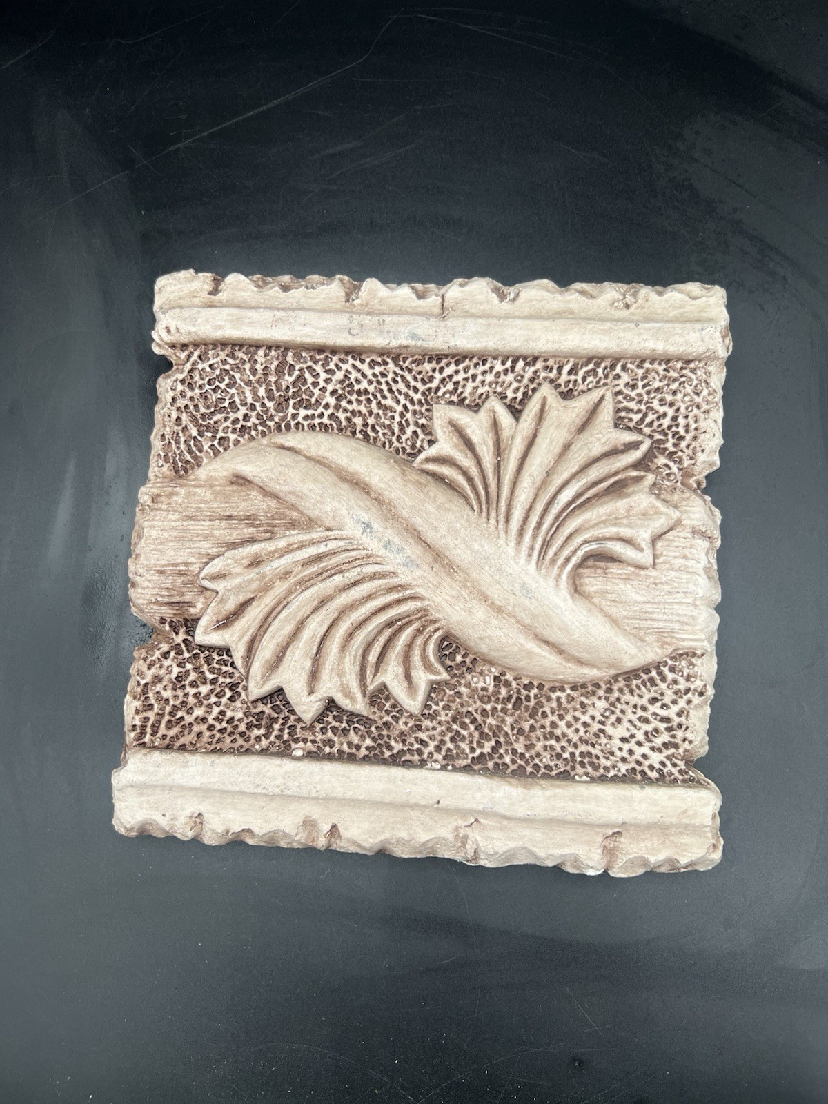 Heavy Chalkware Acanthus Leaf Scroll Plaque 8″Architectural Block Decor 3+ Lbs