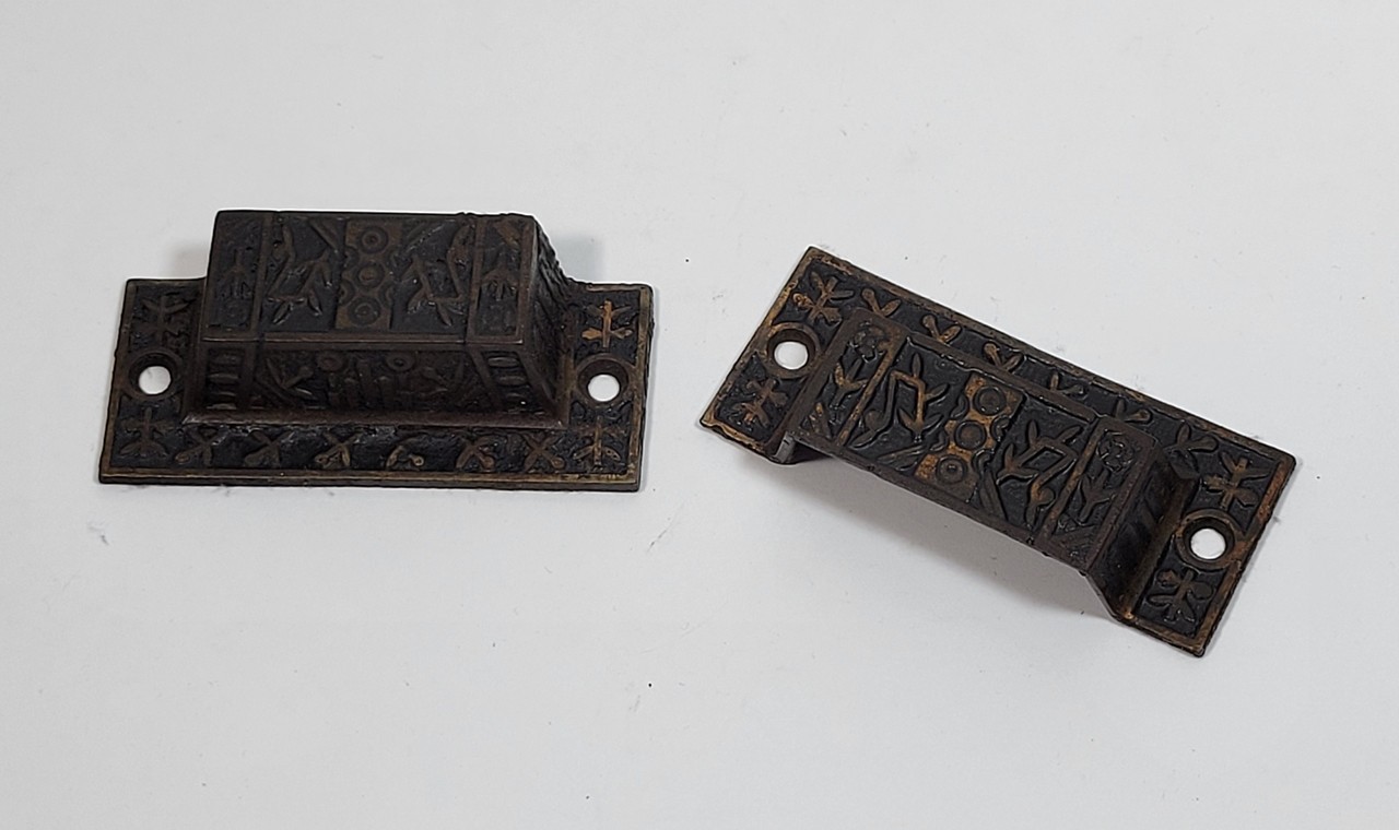 2 Antique Eastlake Cast Iron Copper Flash Bin Pull Hardware Drawer Handle Parts