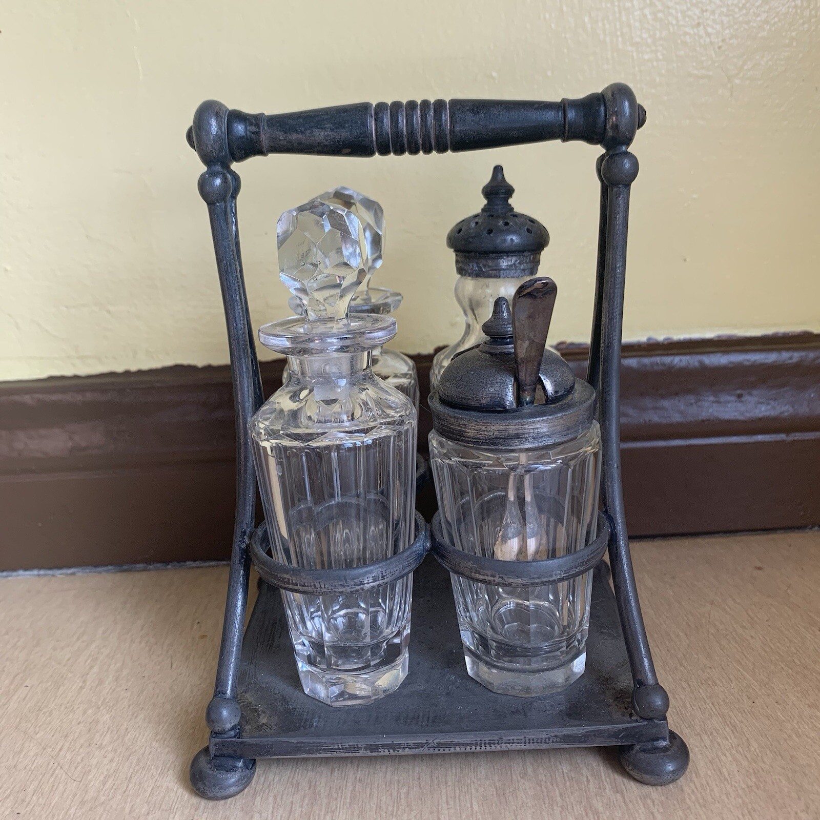 Victorian Castor Set Silverplate 4 Glass Cruets Jars Spoon Ashberry&Sons Antique