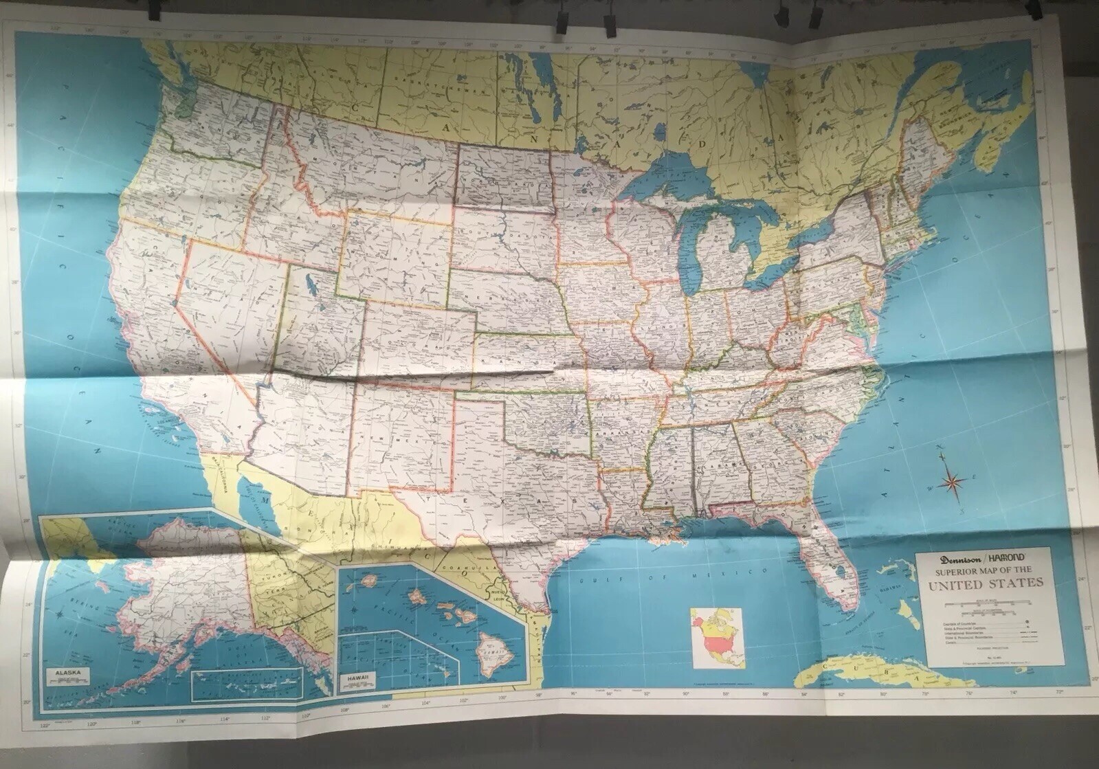 Vintage Dennison Hamond Superior Map United States 38×50 Folded Decor Crafts