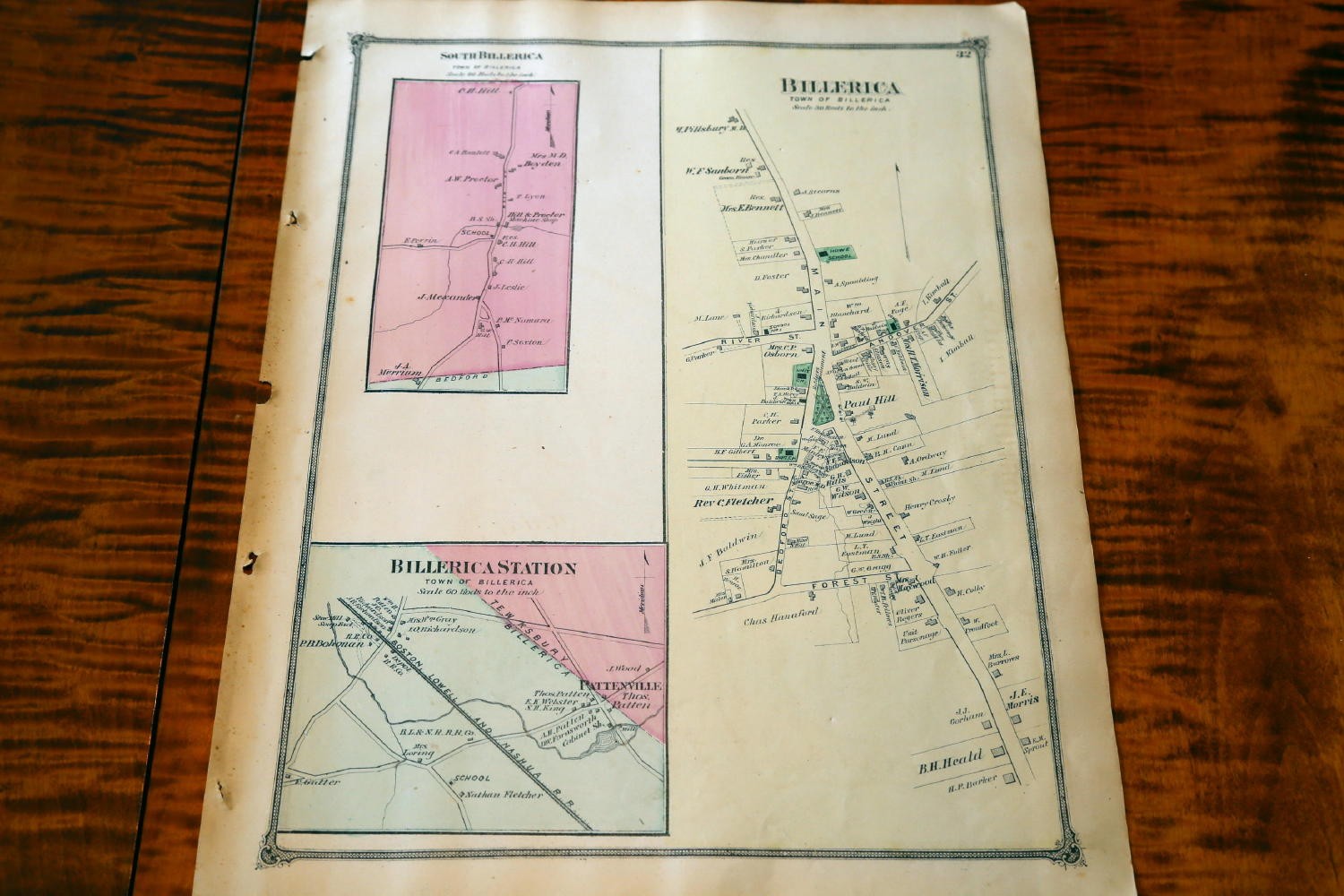1875 BEERS MIDDLESEX COUNTY MASSACHUSETTS-ATLAS MAP OF BILLERICA-HANDCOLORED