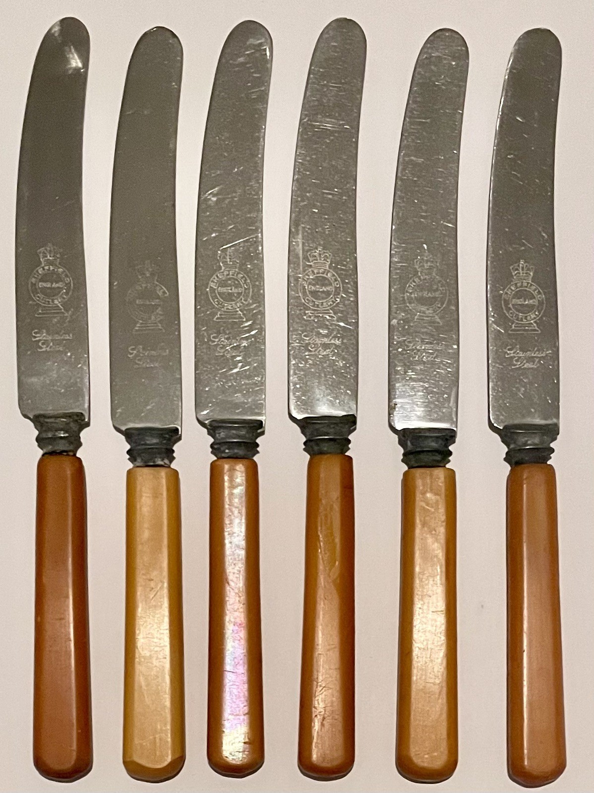6 Vintage Sheffield Butter Side Knives 1930s Stainless Blades Faux Bone Handles