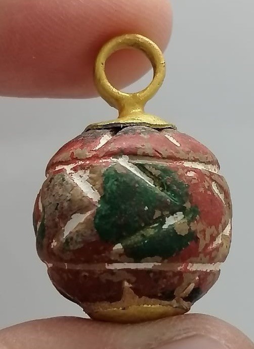 Antique Mosaic Glass Pendant Bead Multicolor Red Green Inlay Gold Loop Charm