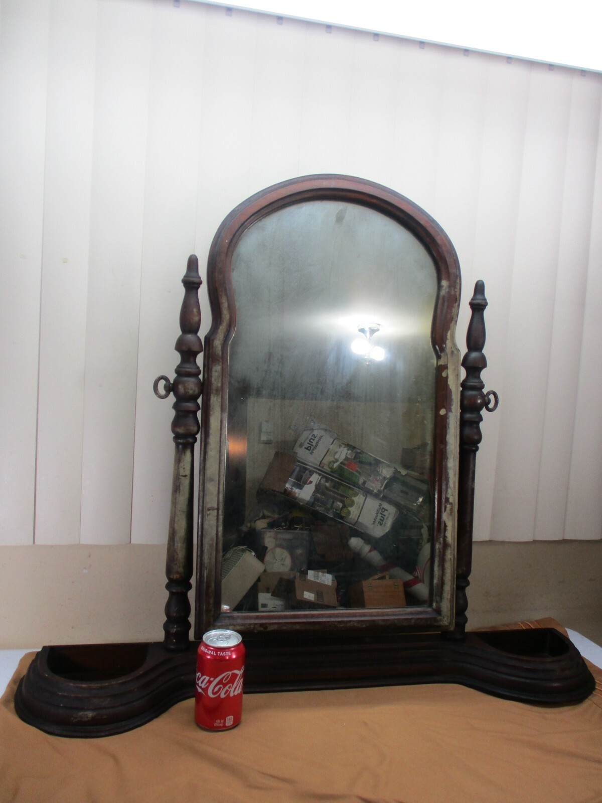 Antique Victorian Wood Swivel Dresser Mirror Topper w/ 2 Jewelry Pockets 1910’s