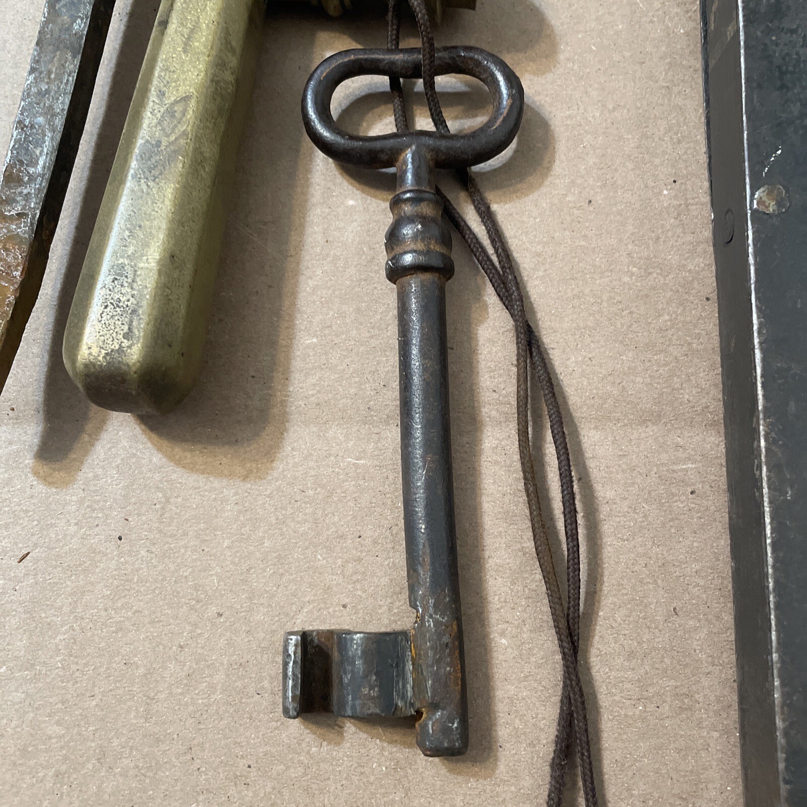 Huge Antique Door Lock Double Throw Bolt W/ Key & Brass Handles Castle Size