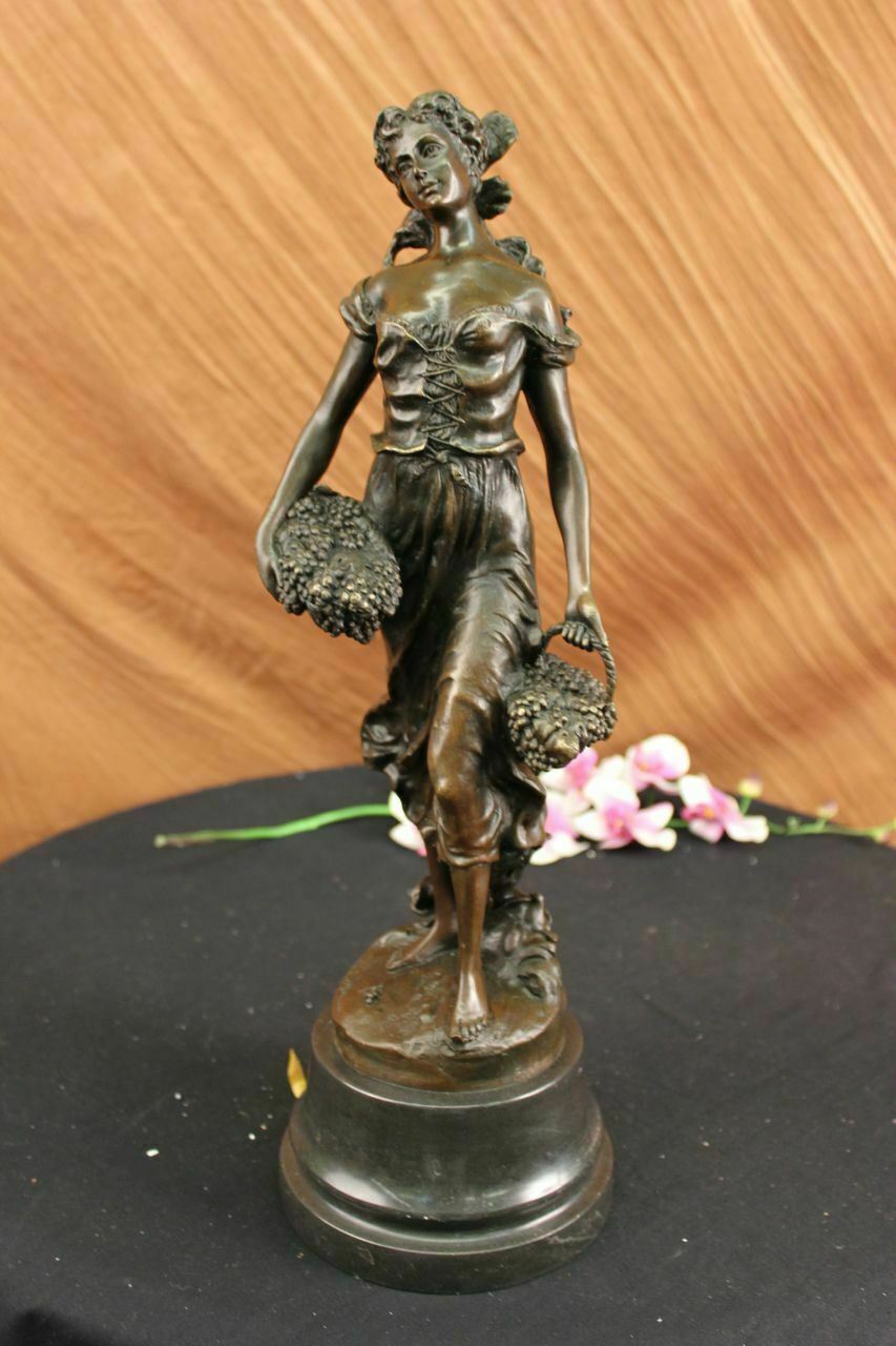 Vintage Miguel Lopez Sculpture Agriculture Patinated Bronze Lady Farmer Statue