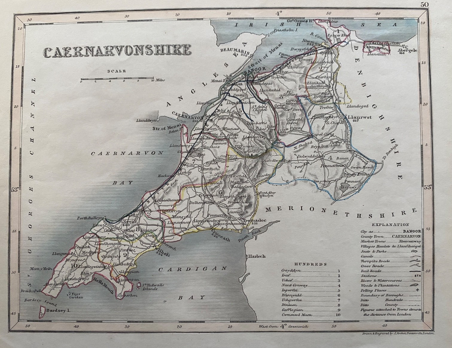 1850 Antique Map; Carnarvonshire / Caernarfonshire, Wales by Joshua Archer