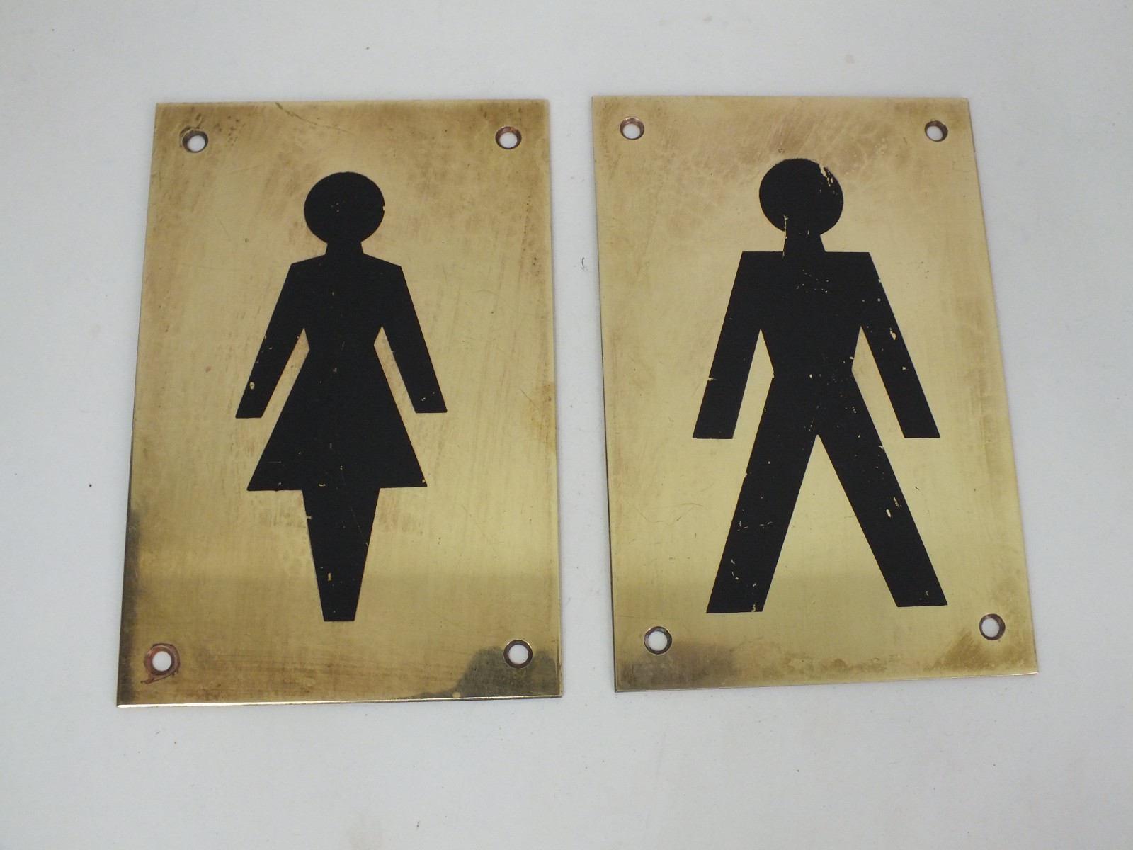 PAIR VINTAGE 1980s BRASS LADIES & GENTLEMEN TOILET SIGNS,