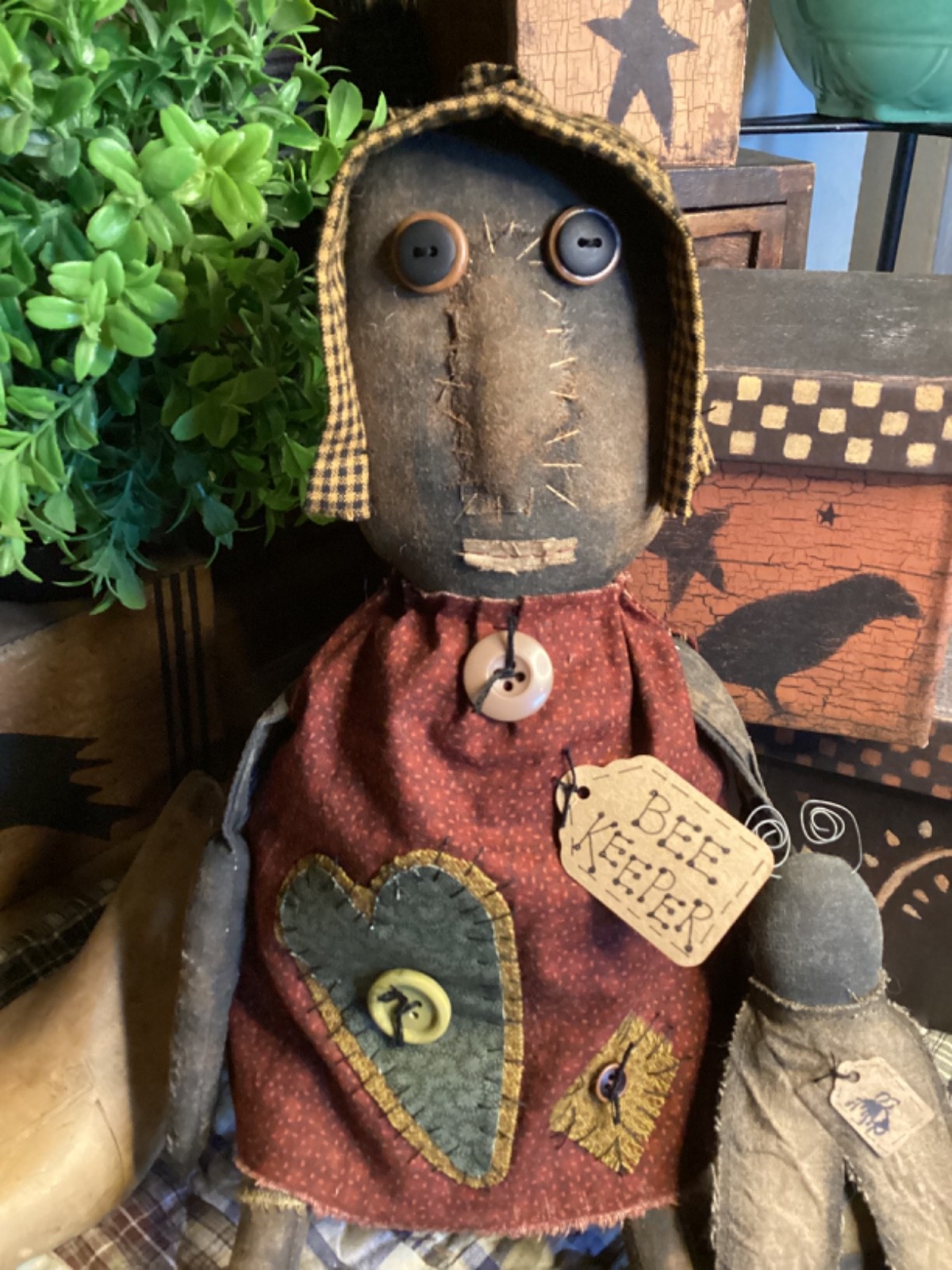 Primitive BLACK DOLL & BEE Handmade OOAK Signed & Dated THREADBARE PRIMITIVES