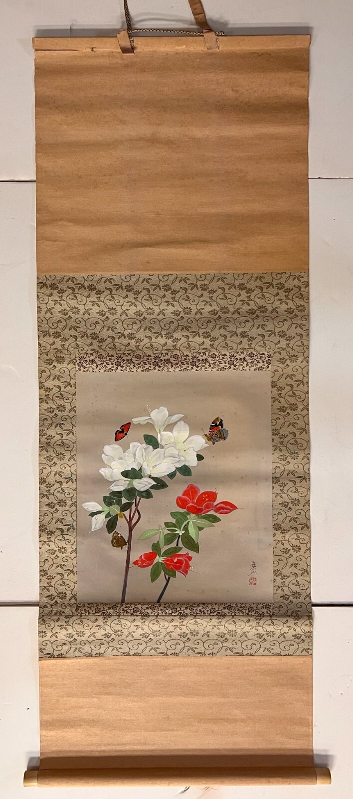 Antique Vertical Silk Scroll painting floral and butterflies