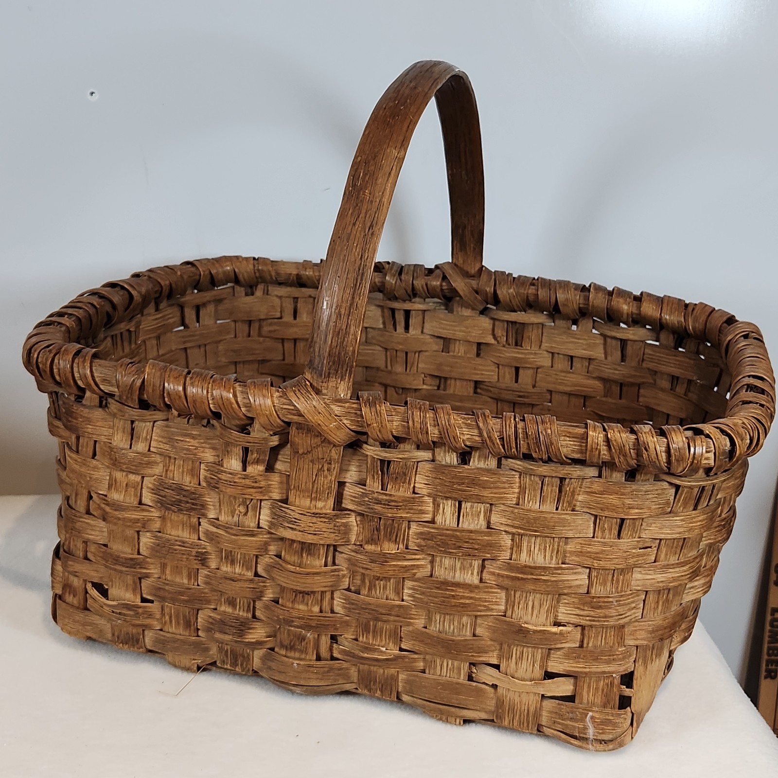 Antique Split Oak Wood Primitive Farmhouse Gathering Basket Bendwood Handle