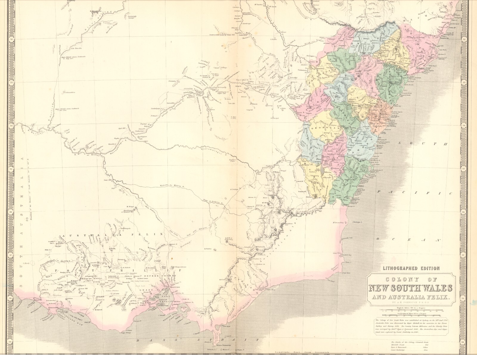 1845 New South Wales & Australia Felix by A.K. Johnston ~ 25.8″ x 21.2″ Antique