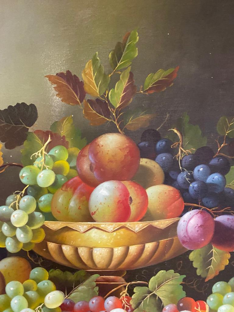 Hand Painted Oil Painting – Glass of Wine Grapes Fruit Still Life Scene 40″x30″