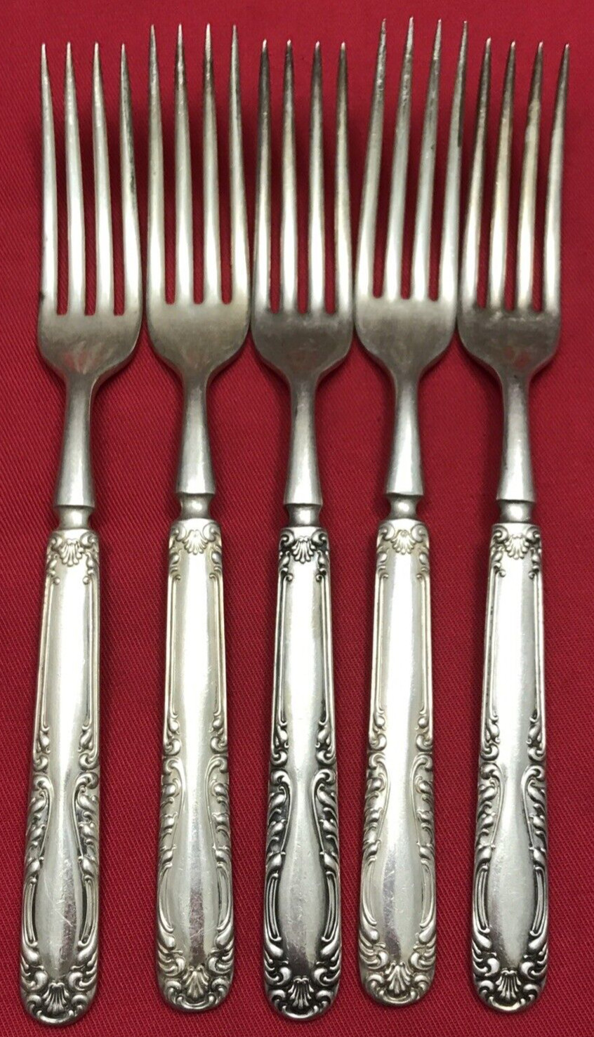 5 Pc JOAN Silverplated 7.5″ INDENTED SOLID HANDLE FORKS 1835 R. Wallace No Mono