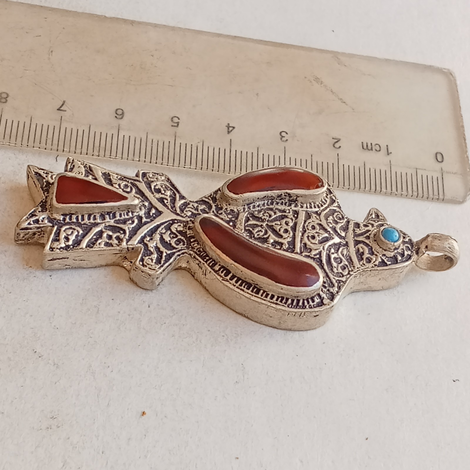 STUNNING EXTREMELY ANCIENT ISLAMIC SILVER EAGLE PENDANT AMULET WITH CORAL STONE