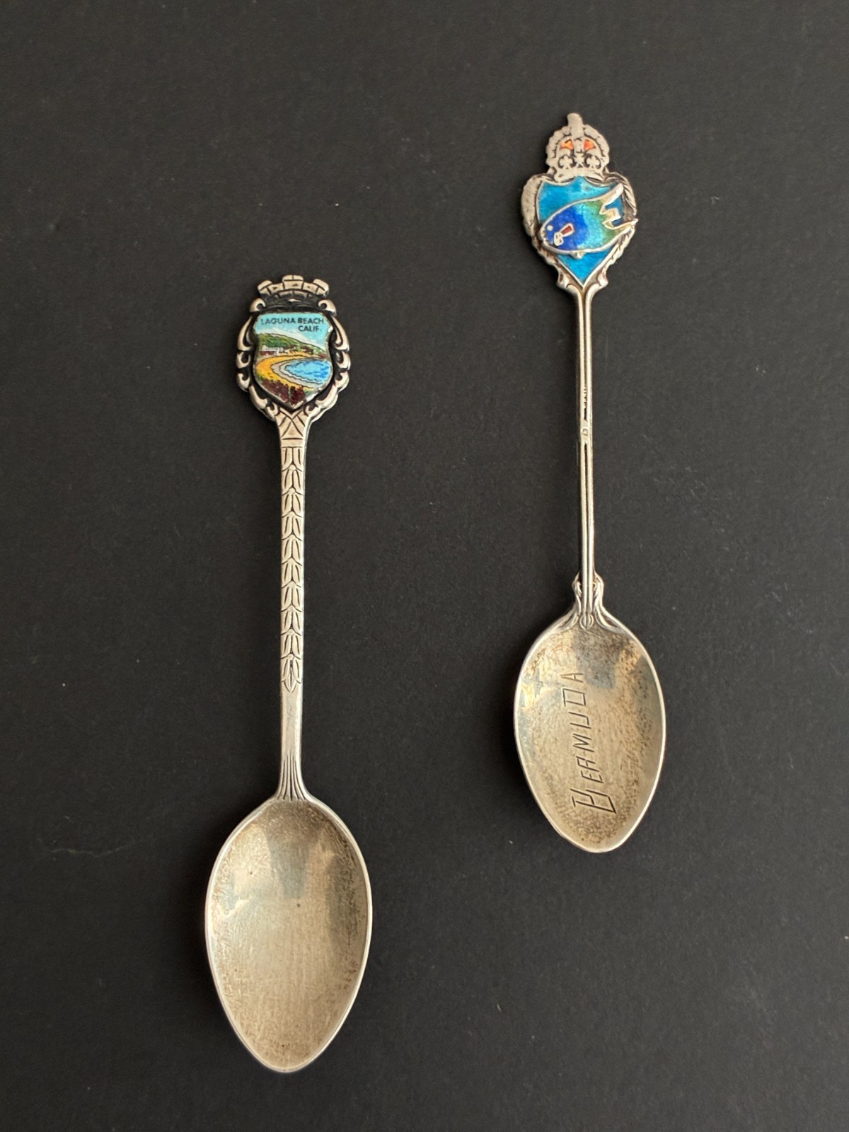 Vintage BM Co Sterling Silver Souvenir Spoons Laguna Beach BERMUDA Enameled 20g