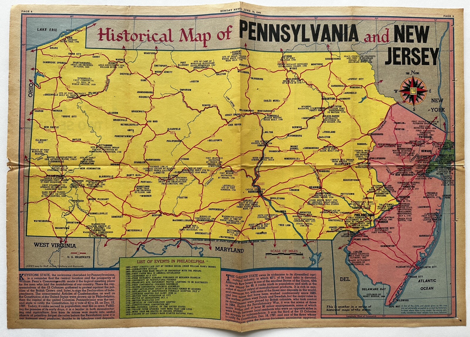 NJ & Pennsylvania 1949 Historical Events rare Sunday color Newspaper Map dates