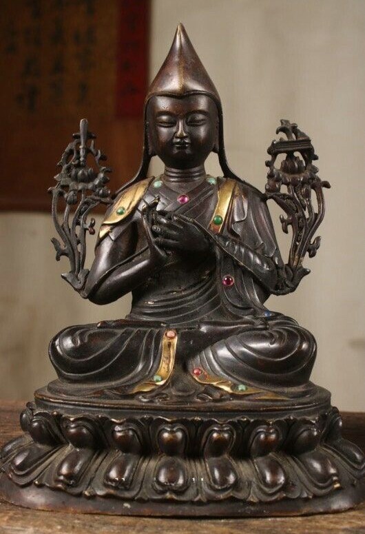 7″ Old Tibet Bronze Gilt Inlay Gems Je Tsongkhapa Lama Guru Master Buddha Statue