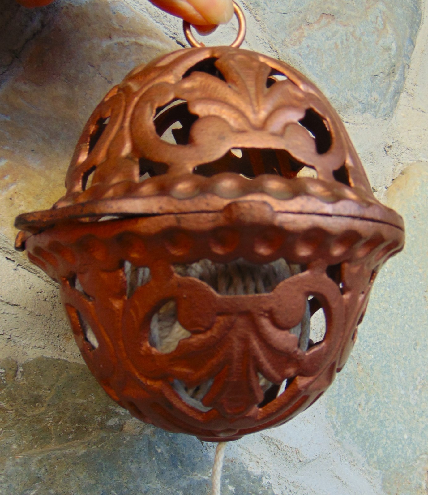 ANTIQUE RARE CAST IRON ORNATE HANGING BALL STRING HOLDER DISPENSER~ 12 1/2″ HIGH