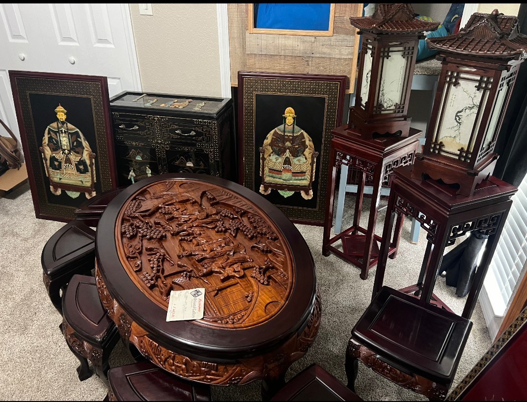 Antique Chinese Carved Wood Table Set with Stools, Dark Wood Tone, Wood Material