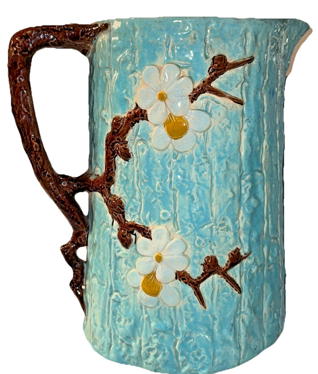 JOSEPH HOLDCROFT ENGLAND 19TH CENTURY LARGE MAJOLICA DOGWOOD CERAMIC PITCHER JUG