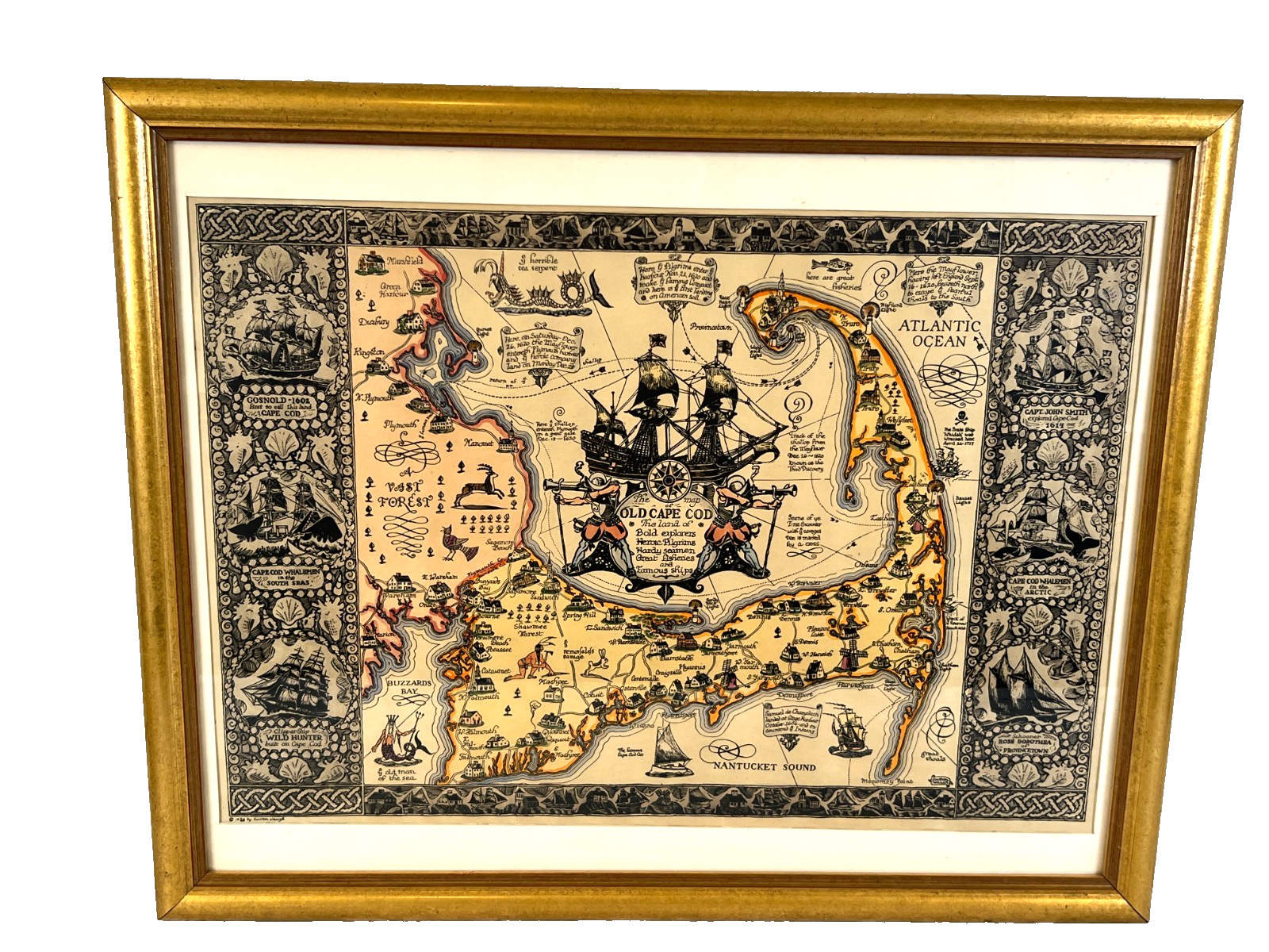 The Map of Old Cape Cod by Colton Waugh, 1930 Framed & Matted