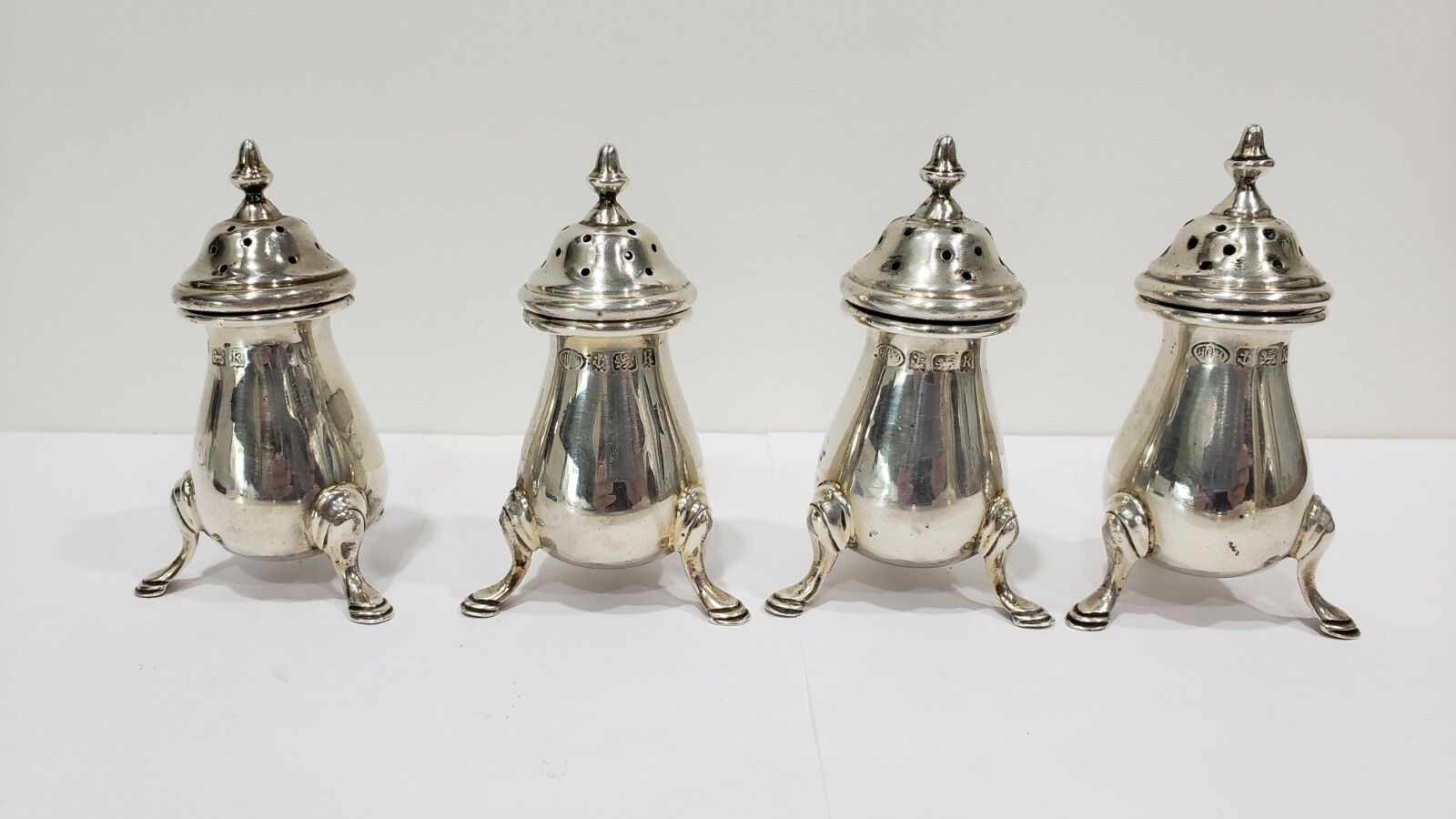 Lot of 4 Antique 1909 Hukin & Heath Sterling Silver Salt & Pepper Shakers, 229 g
