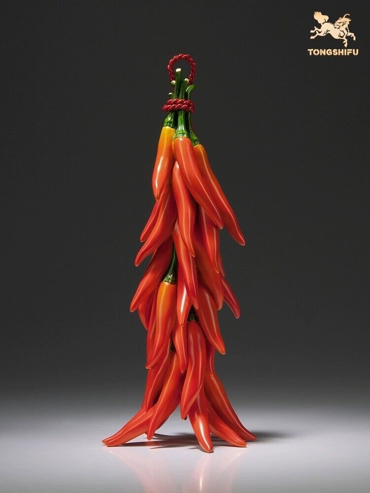 9.5″ China Pure Bronze Painted Hand-carved 红红火火 Red Chili Peppers Statue