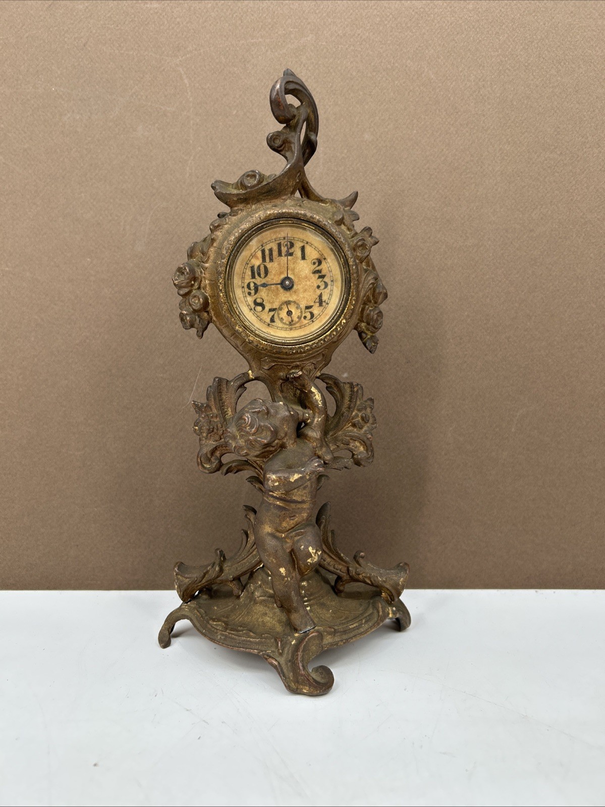 19th C. 1891 Antique Gilt Figural Mantle Clock Cherub- NOT WORKING DAMAGED
