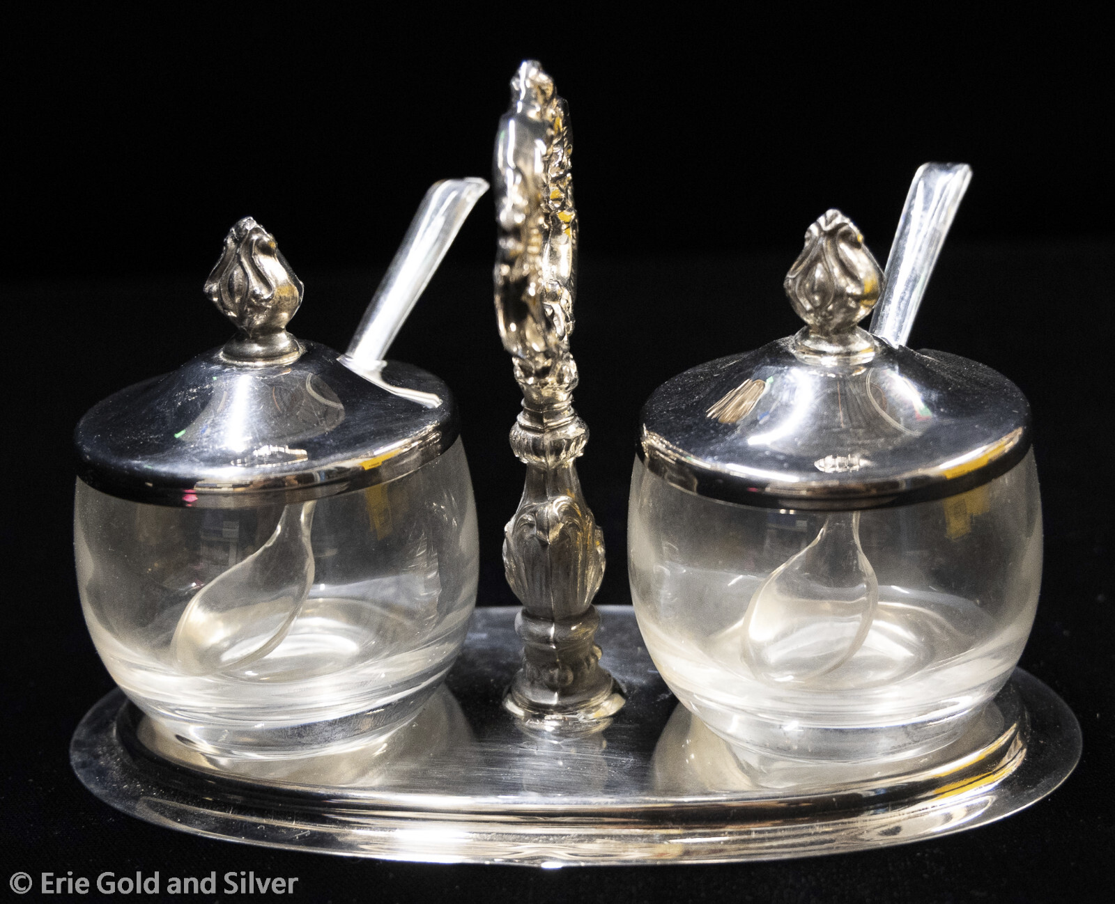 Silverplate Glass Condiment Set With Spoons 7 Pc set