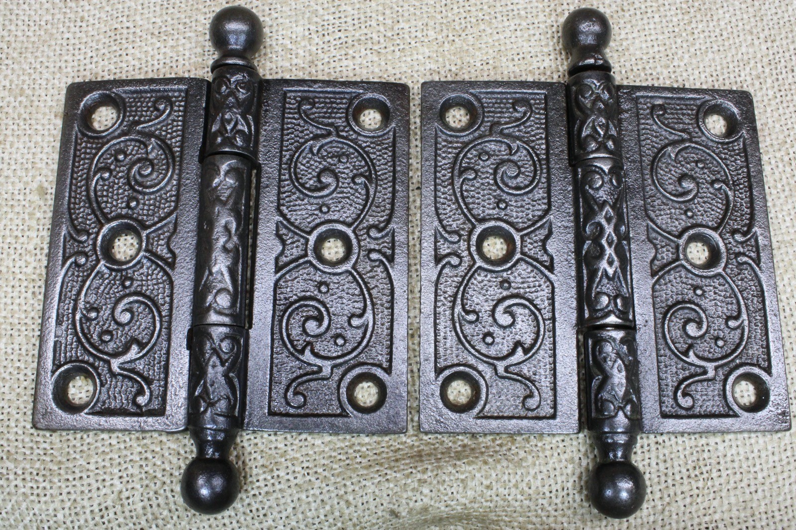 2 Old Door Hinges 3 1/2 X 3 1/2” Cannon Ball Top Victorian Vintage Iron Atlas